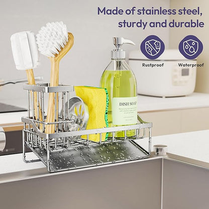 SWTYMIKI Sink Caddy Sponge Holder - Kitchen Sink Organizer with Stainless Steel Self Drain Tray & High Brush Holder for Countertop to Hold Dish Soaps and Sponges, Stainless Steel, Silver - Image 6