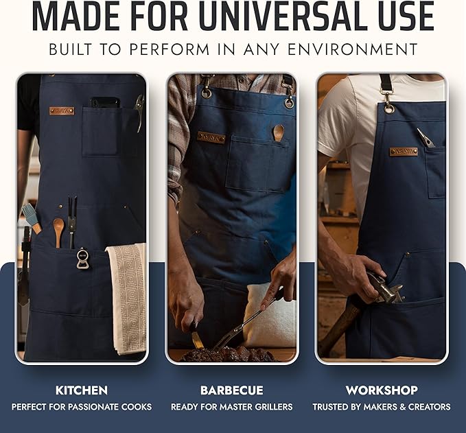 Asaya Chef and BBQ Apron with Bottle Opener and Hand Towel - 10oz Cotton Canvas, Stainless Steel Hardware - Cross Back Straps - Image 7