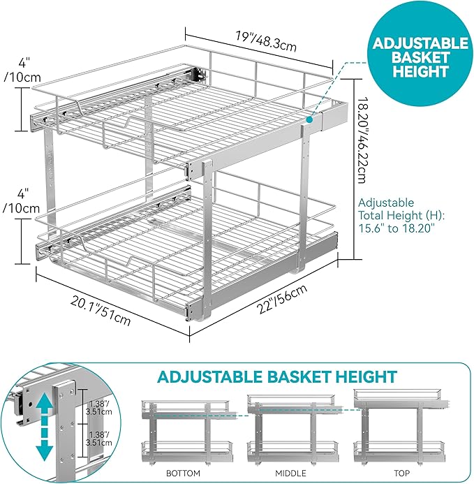 2 Tier Pull Out Cabinet Organizer 20" W X 22" D, Slide Out Drawers For Kitchen Cabinets, Pull Out Drawers For Cabinets Capacity Heavy Duty Caddy, Cabinet Pullout Shelves Chrome-Plated,Bathroom Pantry - Image 2