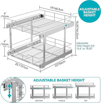 2 Tier Pull Out Cabinet Organizer 20" W X 22" D, Slide Out Drawers For Kitchen Cabinets, Pull Out Drawers For Cabinets Capacity Heavy Duty Caddy, Cabinet Pullout Shelves Chrome-Plated,Bathroom Pantry - Image 2