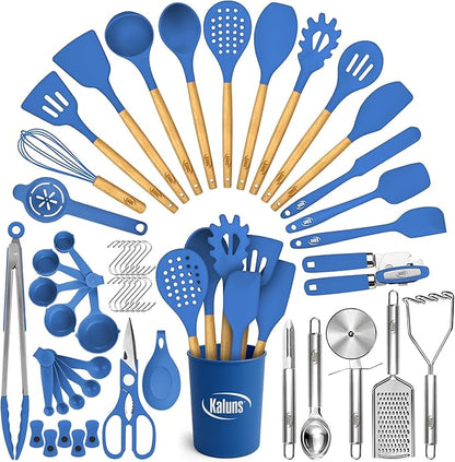 Kaluns 50 PCS Silicone Kitchen Utensils Set Complete Kitchen Set - 800°F Heat Resistant Non-Stick Premium Cooking Utensils W Wooden Handles - Can Opener, Masher, Turner, Silicone Spatula Set by Kaluns%C2%AE