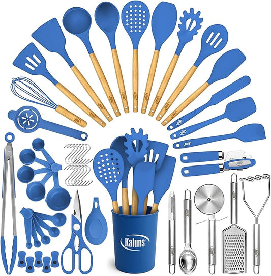 Kaluns 50 PCS Silicone Kitchen Utensils Set Complete Kitchen Set - 800°F Heat Resistant Non-Stick Premium Cooking Utensils W Wooden Handles - Can Opener, Masher, Turner, Silicone Spatula Set by Kaluns%C2%AE