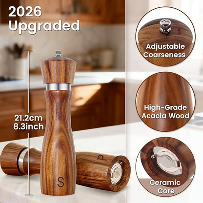 Wedding Gifts for Couples 2026: Acacia Wood Salt and Pepper Grinder Set with Bow Design - Kitchen Counter Decor - Image 5