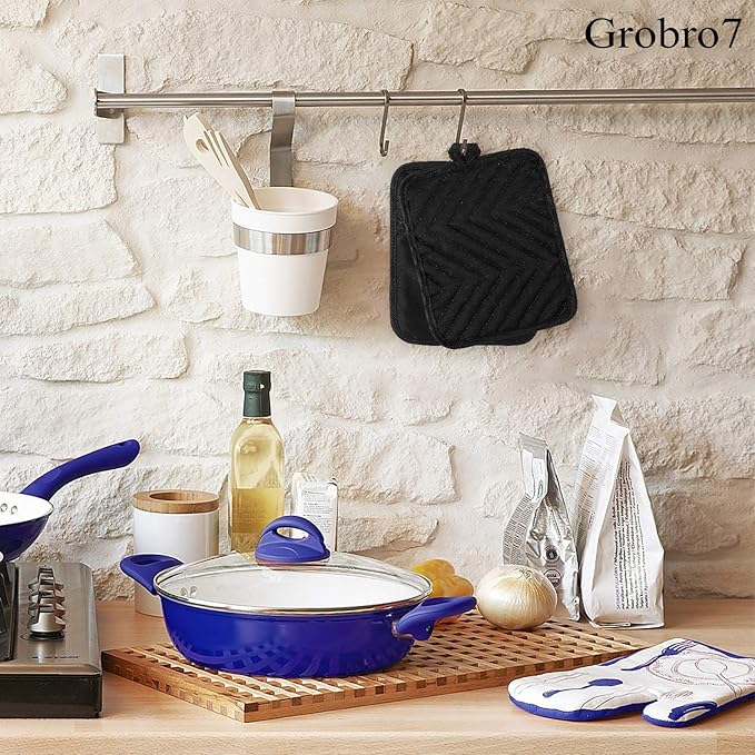 GROBRO7 5Pack Cotton Pocket Pot Holder Set Kitchen Heat Resistant Potholder Machine Washable Hot Pads Bulk Oven Mitts Black Plain Hot Pads Trivet for Baking Cooking with Pocket 7x9 - Image 5