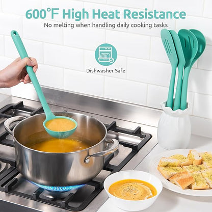 600ºF Heat Resistant Kitchen Utensil: U-Taste 13.6" Extra Long Silicone Cooking Tools Set, Food-Grade Non-Stick Solid and Slotted Turner Spatula, Mixing Spoon, and Soup Ladle (5 Pieces, Aqua Sky) - Image 3
