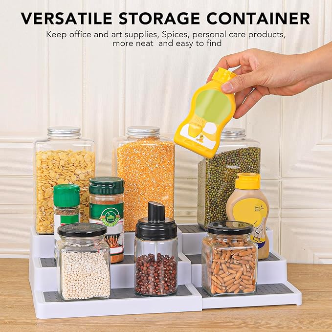 CiWiVOKi 3-Tier Expandable Spice Rack, Plastic Spice Rack Organizer for Cabinet, Adjustable Length, Non-Skid Spice Shelf Organizer for Kitchen Cabinet, Countertop or Pantry, 2 Pack, White/Grey - Image 5