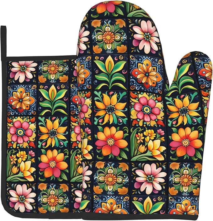 Mexican Oven Mitts and Pot Holders - Colorful Flowers Kitchen Mitt Sets of 2 Boho Oven Gloves Hot Pads for Cooking Baking Grilling by DZGlobal