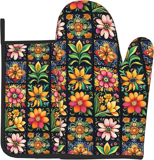 Mexican Oven Mitts and Pot Holders - Colorful Flowers Kitchen Mitt Sets of 2 Boho Oven Gloves Hot Pads for Cooking Baking Grilling by DZGlobal