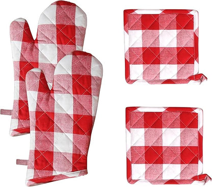 Native Fab Buffalo Plaid Check Oven Mitts and Pot Holders Set of 4, 100% Cotton Heat Resistant Kitchen Gloves, 2 Oven Mitts (7x13), 2 Pot Holders (8x8) for Cooking & Baking, Red White by NativeFab