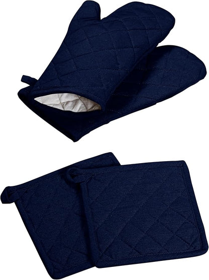 Oven Mitt (7"x13") & Pot Holder (8"x8") 100% Cotton Set of Heat Resistant Oven Gloves & Hot Pads for Gifts, BBQ, Cooking, Baking, Thanksgiving - Navy Blue