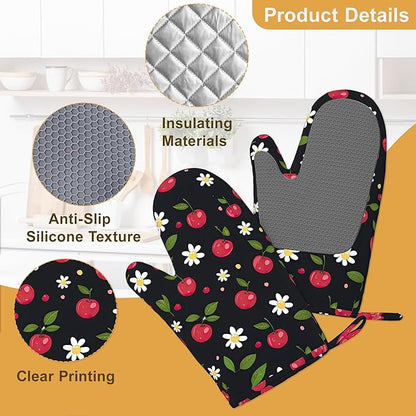 Cherry Oven Mitts and Pot Holders Sets of 4, Heat Resistant Daisy Floral Silicone Oven Mitts Gloves Non-Slip Kitchen Mittens Potholders for Cooking Baking Grilling BBQ