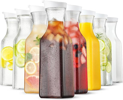 Plastic 8 PACK Large 50 Oz Water Carafe with Flip Top Lid, Square Base Juice Containers, Clear Plastic Pitcher - for Water, Iced Tea, Juice, Beverage, Milk, Cold Brew and Mimosa Bar - HAND WASH ONLY by NETANY