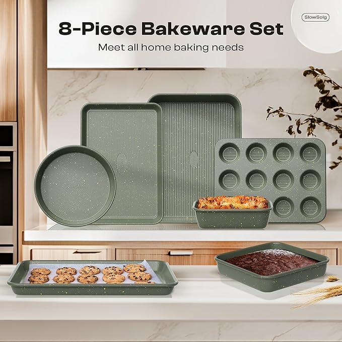 8-Piece Nonstick Bakeware Set, Stackable Oven Pan Set Includes Baking Sheet, Muffin Pan, Cake Pan, Square Pan, Loaf Pan, Cookie Sheet & Cooling Rack (Ceramic Coated Green) - Image 8