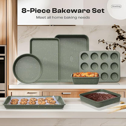 8-Piece Nonstick Bakeware Set, Stackable Oven Pan Set Includes Baking Sheet, Muffin Pan, Cake Pan, Square Pan, Loaf Pan, Cookie Sheet & Cooling Rack (Ceramic Coated Green) - Image 8