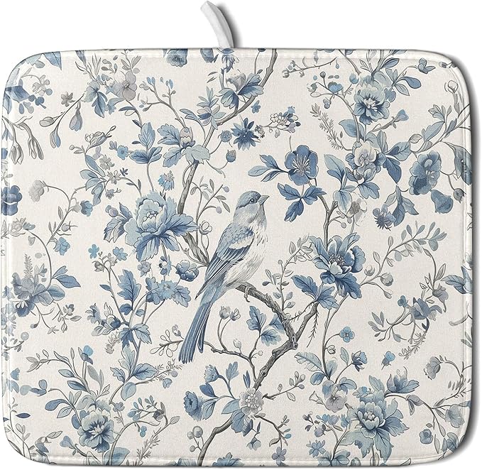 Chinoiserie Trees Dish Drying Mat for Kitchen Counter,Bule Bird Flowers Drying Mat 16 x 18 Inch with Absorbent Reversible Microfiber Drying Pad for Coffee Bar by Anyako