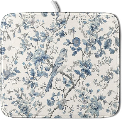 Chinoiserie Trees Dish Drying Mat for Kitchen Counter,Bule Bird Flowers Drying Mat 16 x 18 Inch with Absorbent Reversible Microfiber Drying Pad for Coffee Bar by Anyako