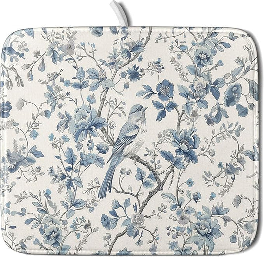 Chinoiserie Trees Dish Drying Mat for Kitchen Counter,Bule Bird Flowers Drying Mat 16 x 18 Inch with Absorbent Reversible Microfiber Drying Pad for Coffee Bar by Anyako