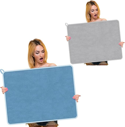 Hushee 2 Pack Extra Large Dish Drying Mat Microfiber Absorbent Dish Drying Pad Large Size Dishes Drainer Mats for Countertop, Sink, Refrigerator or Dryer (30 x 24 Inch,Blue, Gray) by Hushee