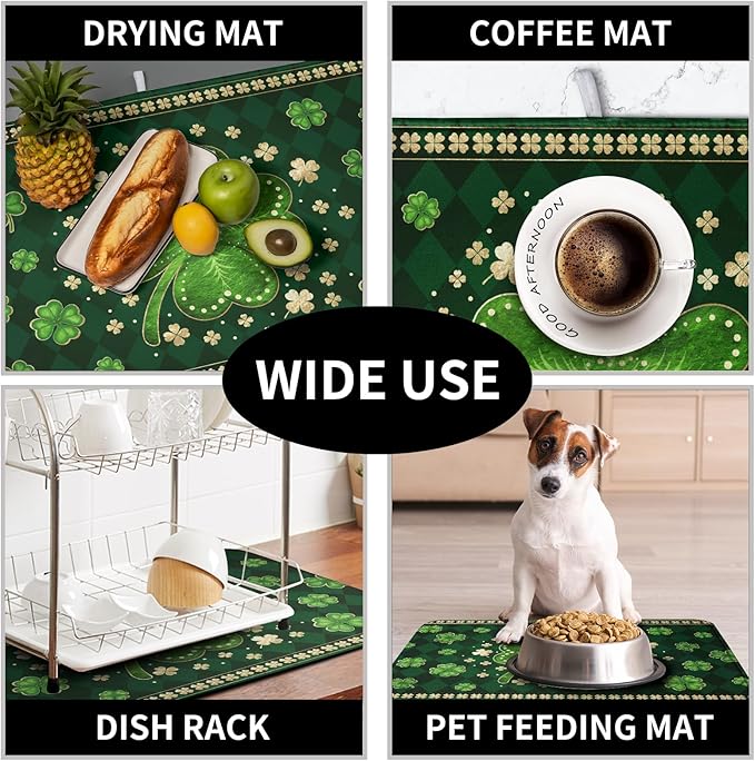 St Patricks Day Drying Mat for Kitchen Counter Shamrock Dish Drying Mats Lucky Clovers Green Plaid Dish Dryer Pad Absorbent Reversible Dish Drainer Rack Mat Kitchen Accessories 16x18 Inch - Image 7