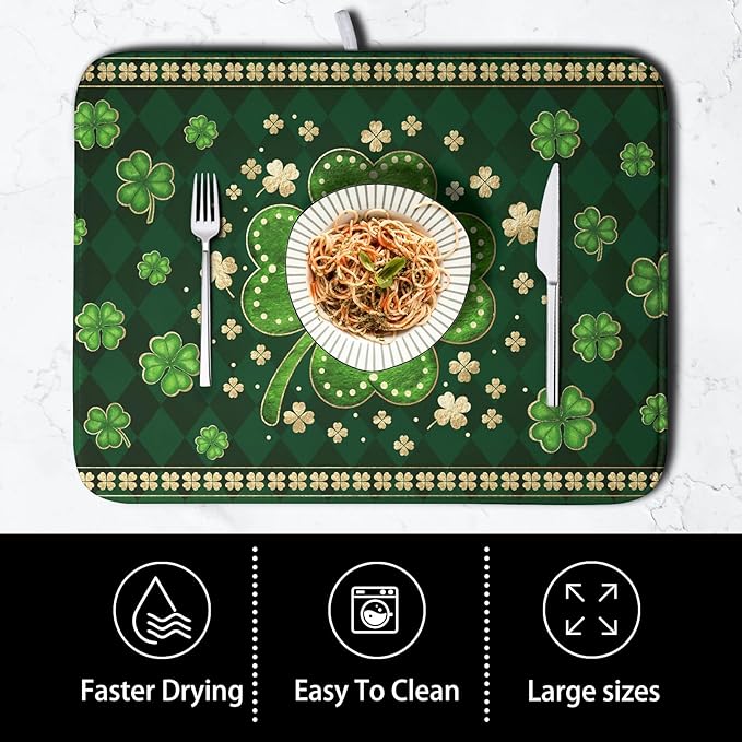 St Patricks Day Drying Mat for Kitchen Counter Shamrock Dish Drying Mats Lucky Clovers Green Plaid Dish Dryer Pad Absorbent Reversible Dish Drainer Rack Mat Kitchen Accessories 16x18 Inch - Image 4