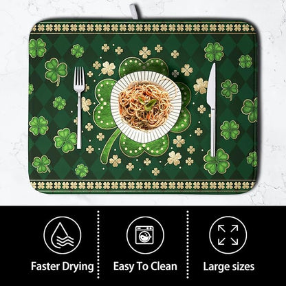 St Patricks Day Drying Mat for Kitchen Counter Shamrock Dish Drying Mats Lucky Clovers Green Plaid Dish Dryer Pad Absorbent Reversible Dish Drainer Rack Mat Kitchen Accessories 16x18 Inch - Image 4