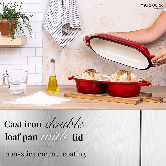 Dutch Oven For Sourdough Bread Baking – Enamelled Cast Iron Bread Loaf Pot – 500°F Oven Safe Non Stick Bread Pot – Double Round Loaf Space, 16.5cm Diameter, Red, – by Nuovva - Image 5