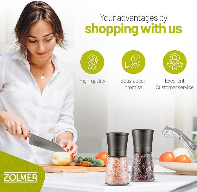 ZOLMER® Premium Stainless Steel Salt and Pepper Grinder Set manual | Adjustable Ceramic Grinder for Salt & Pepper- Black Pepper mill, Salt Grinder & Chili Mill [no spice included] (Small Black)