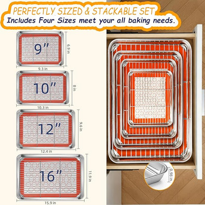 Baking Sheet Pan Set of 12, CEKEE Stainless Steel Cookie Sheets for Baking with Cooling Rack Silicone Baking Mat, Small/Quarter/Jelly Roll Pan, 9/10/12/16 Inch, Heavy Duty & Non Toxic & Easy Clean - Image 2