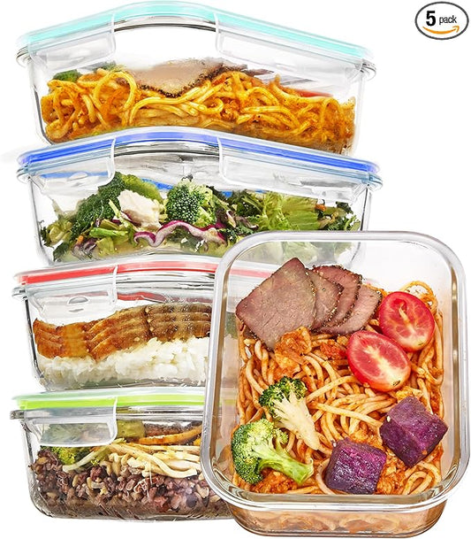 Vtopmart 5 Pack 35oz Glass Food Storage Containers with Lids, Meal Prep Containers, Airtight Reusable Lunch Container Set, Safe for Oven, Microwave, Freezer, and Dishwasher, Multicolour by Vtopmart