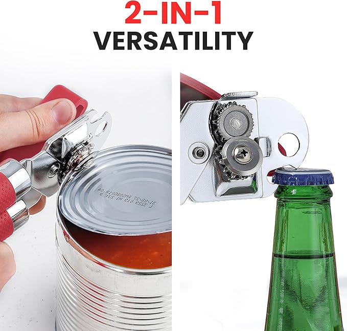 Zulay Kitchen Heavy Duty Stainless Steel Can Opener Manual with Large Bottle Opener - Manual Can Opener with Turn Knob with Soft Grip Handles - Red - Image 7