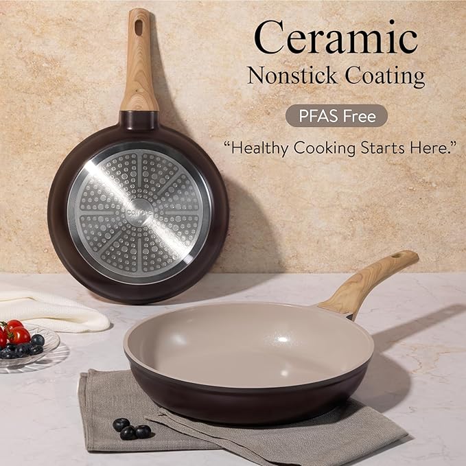 CAROTE 21 PCS Ceramic Cookware Set, Pots and Pans Set Non Stick, Pot and Pan Set with Frying Pan, Induction Ready Cooking Set for Kitchen, PFOS/PFOA/PFAS Free, Brown - Image 3