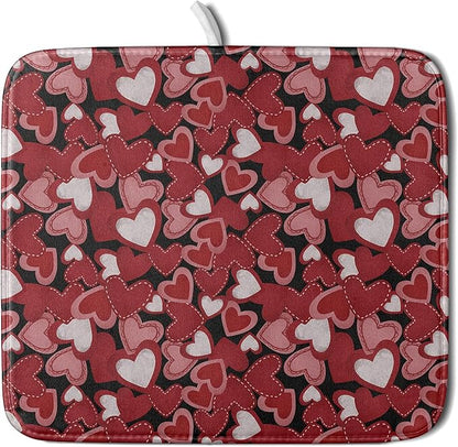 Valentines Day Dish Drying Mat for Kitchen Counter 18x16 Inch Love Drying Mat with Absorbent Reversible Microfiber Black Red Grey Heart Dish Drainer Mats Rack Pad for Coffee Countertop Protector