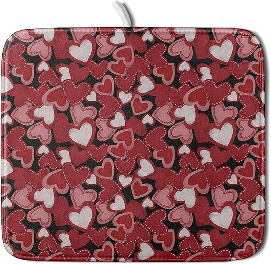 Valentines Day Dish Drying Mat for Kitchen Counter 18x16 Inch Love Drying Mat with Absorbent Reversible Microfiber Black Red Grey Heart Dish Drainer Mats Rack Pad for Coffee Countertop Protector