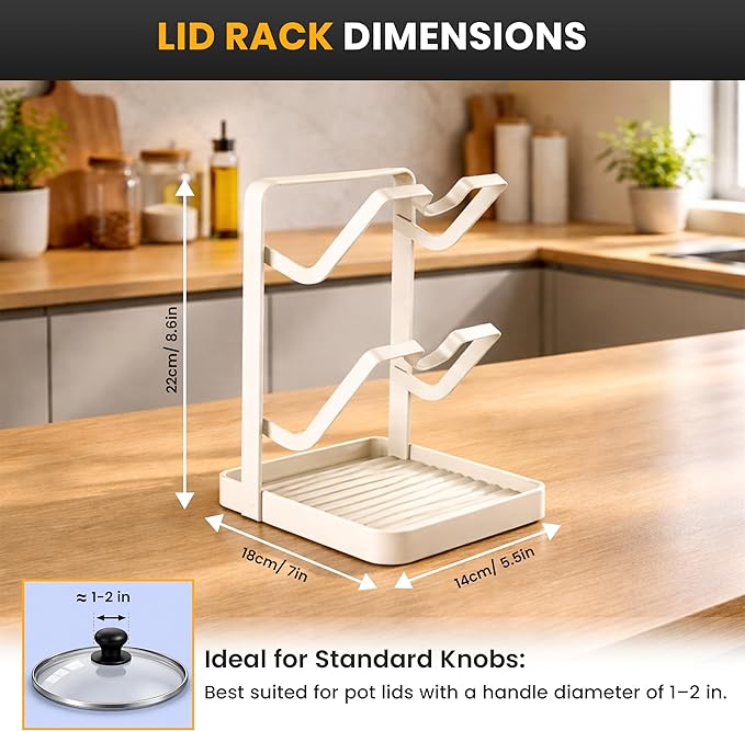 Pot Lid Holder with Removable Drip Tray, Multifunctional Double Layer Pot Lid Organizer for Countertop, Kitchen Pot Lid Storage Rack for Covers, Cutting Boards, Utensils (OFF-White) - Image 2