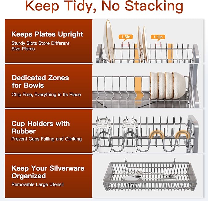 2 Tier Dish Drainer Drying Rack for Kitchen Counter, Large Stainless Steel Dishes Dryer with Drainboard, Space Saving, Big Rustproof Metal Modern Countertop Plates Strainer with Utensil Holder, Sliver - Image 7