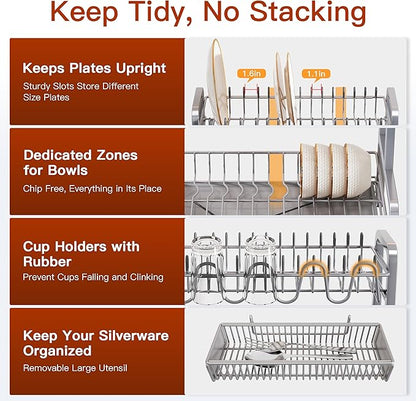 2 Tier Dish Drainer Drying Rack for Kitchen Counter, Large Stainless Steel Dishes Dryer with Drainboard, Space Saving, Big Rustproof Metal Modern Countertop Plates Strainer with Utensil Holder, Sliver - Image 7
