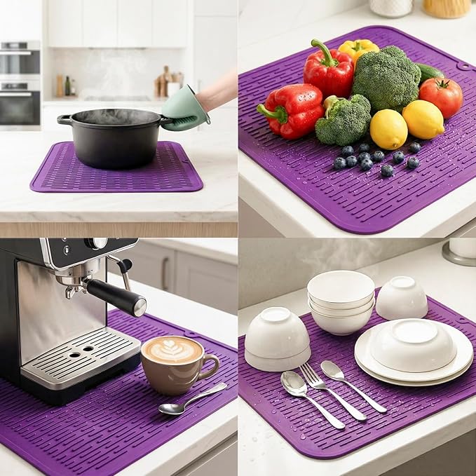 MicoYang Silicone Dish Drying Mat for Multiple Usage,Easy clean,Eco-friendly,Heat-resistant Silicone Mat for Kitchen Counter or Sink,Refrigerator or Drawer Liner Purple XL 18 inches x 16 inches - Image 4