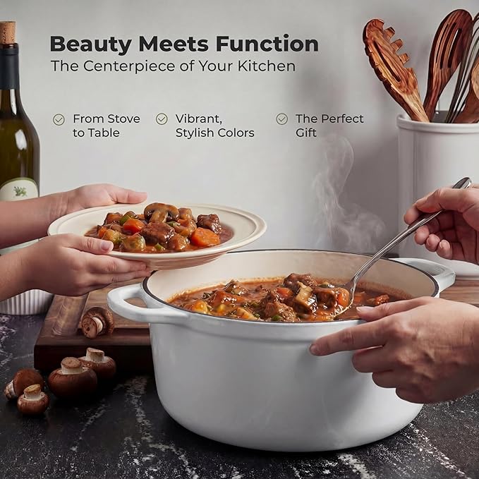 Zulay Kitchen 7.7 Quart Enameled Cast Iron Dutch Oven Pot with Lid – Premium Durability & Oven Safe up to 500°F – Heavy Duty Cookware Perfect for Bread Baking, Stews, Braising & Roasting – White - Image 7