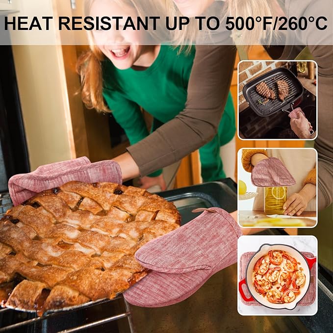 4Pcs Heat Resistant Oven Mitts & Potholders (Up to 500°F), Flexible Kitchen Accessories for BBQ, Baking, Microwave, Stovetop Use and More (Pink) - Image 7