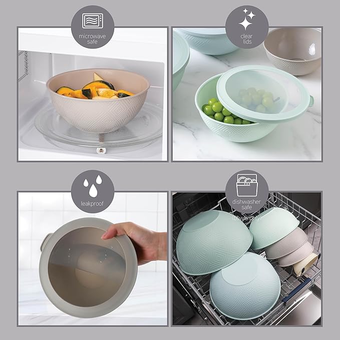 COOK WITH COLOR Mixing Bowls with Lids - 12 Piece Plastic Nesting Bowls Set includes 6 Prep Bowls and 6 Lids, Microwave Safe Mixing Bowl Set, Mint Rhombus - Image 5
