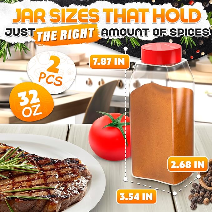 2Pcs Large Seasoning Containers with Wide Mouth for Easy Filling – 32 Oz Spice Containers with Dual Shake Airtight Lids for Spices | Transparent Seasoning Shaker, Durable & Odor-Resistant Spice Shaker - Image 2