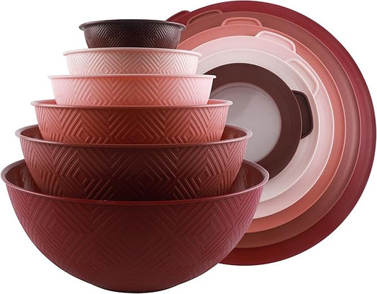 COOK WITH COLOR Mixing Bowls with Lids - 12 Piece Plastic Nesting Bowls Set includes 6 Prep Bowls and 6 Lids, Microwave Safe Mixing Bowl Set, Rose Rhombus by CookwithColor
