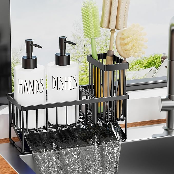 MASADI Kitchen Dish Soap Dispenser Set with Sponge Holder, 12OZ Glass Bottle, Hand and Dish Soap Dispenser Set, Non-Slip Silicone Pad, Brush Holder, Kitchen Sink Organizer Countertop (Black+White) - Image 3