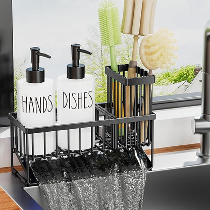 MASADI Kitchen Dish Soap Dispenser Set with Sponge Holder, 12OZ Glass Bottle, Hand and Dish Soap Dispenser Set, Non-Slip Silicone Pad, Brush Holder, Kitchen Sink Organizer Countertop (Black+White) - Image 3