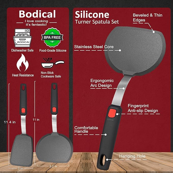 Silicone Pancake Spatula Turner Set of 2, 600°F Heat Resistant Cooking Spatulas for Nonstick Cookware, Large Kitchen Utensils BPA Free Rubber Spatula Set for Egg, Pancake, Fish, Burger - Image 2