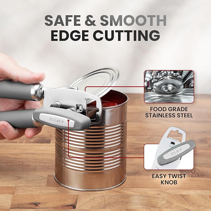 Zulay Kitchen Heavy Duty Stainless Steel Can Opener Manual with Bottle Opener - Rust Proof Manual Can Opener With Turn Knob & Comfy Soft Grip Handles - Light Gray - Image 4