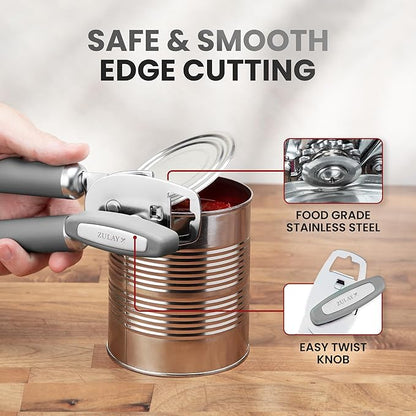 Zulay Kitchen Heavy Duty Stainless Steel Can Opener Manual with Bottle Opener - Rust Proof Manual Can Opener With Turn Knob & Comfy Soft Grip Handles - Light Gray - Image 4