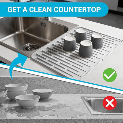 Foldable Silicone Dish Drying Mat for Kitchen Counter & Sink - Quick Dry, Space Saving, Non-Slip Pad for Small Apartments & Coffee Bar Light Grey