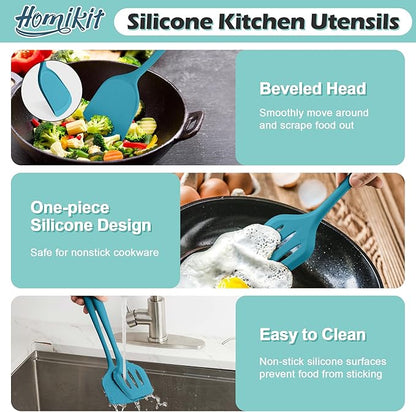 Homikit Silicone Cooking Utensils Set, 15-Piece Nonstick and Heat Resistant Kitchen Utensil Spatula Set with Holder, Kitchen Gadgets Home Essentials & Pots and Pans Accessories, Blue - Image 3