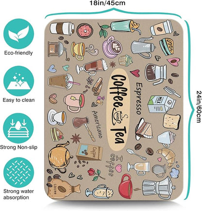 Fun Coffee Bar Mat 24inx18in, Absorbent Hide Stain Anti-Slip Accessories Fit Under Coffee Machine, Dish Drying Mat for Countertops